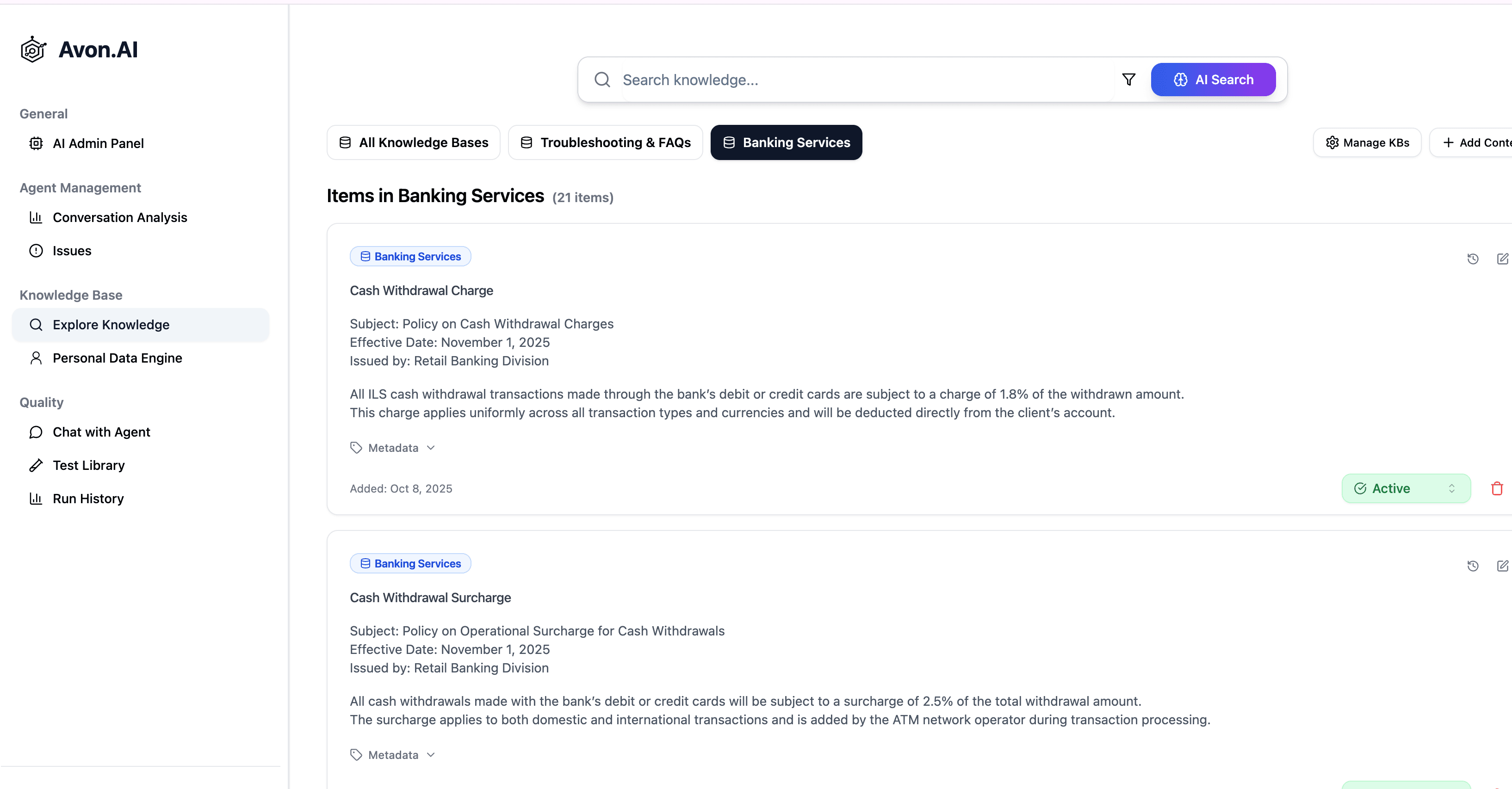 Avon AI platform screenshot