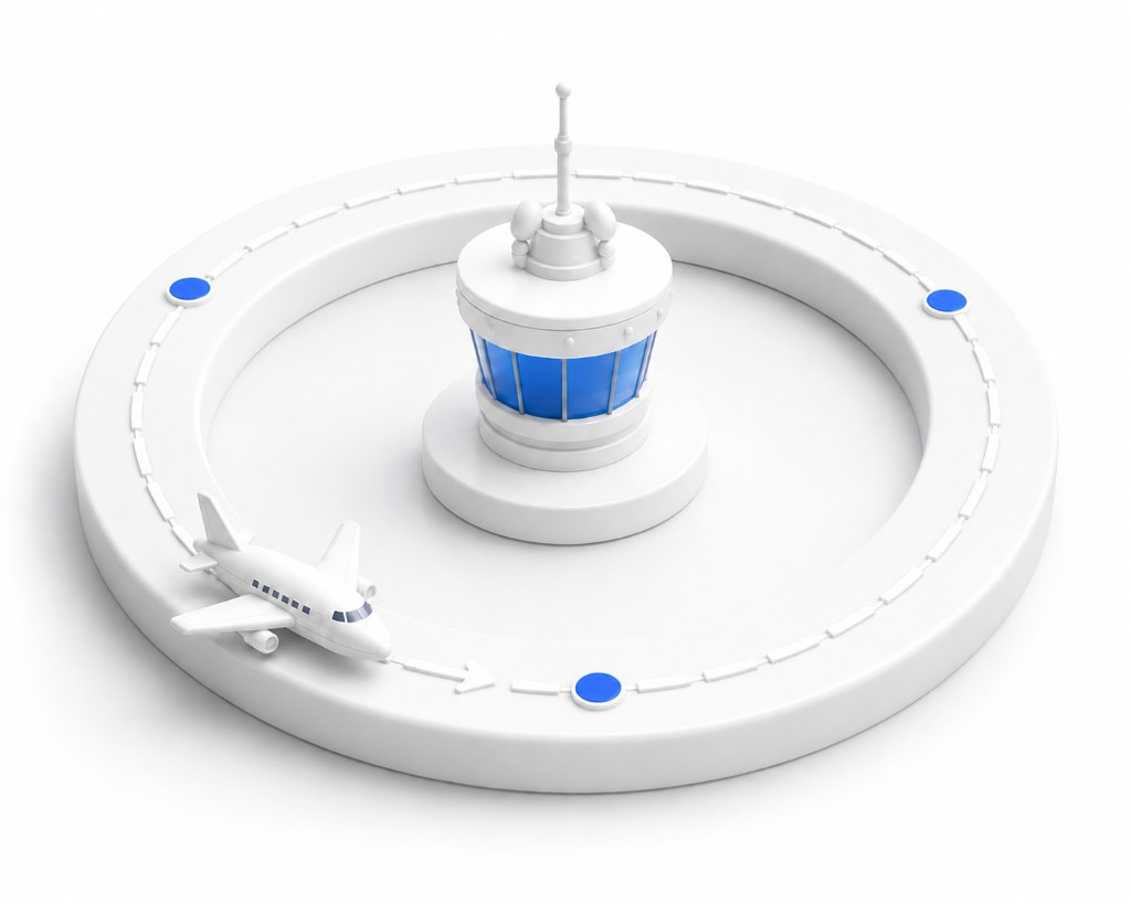 Control tower with orbiting airplane