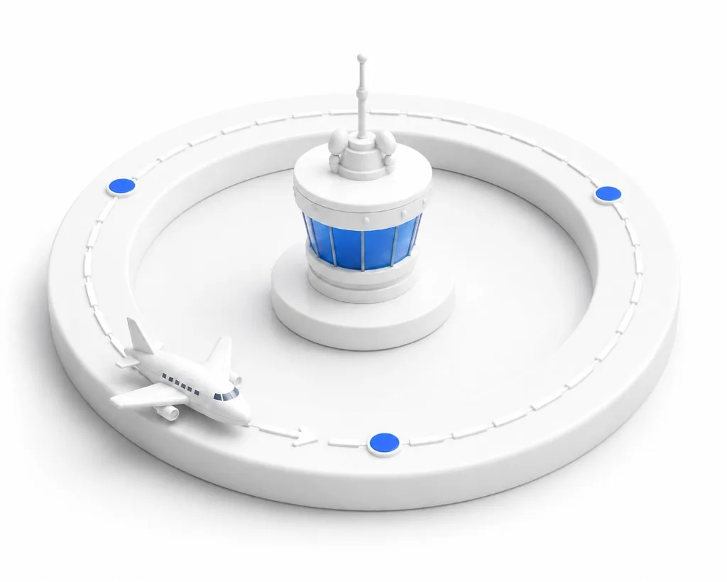 Control tower with orbiting airplane