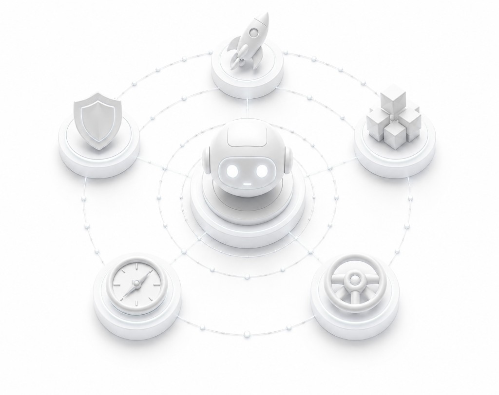 AvonAI agent on a pedestal orbited by outcome icons: rocket, shield, cubes, compass, and steering wheel