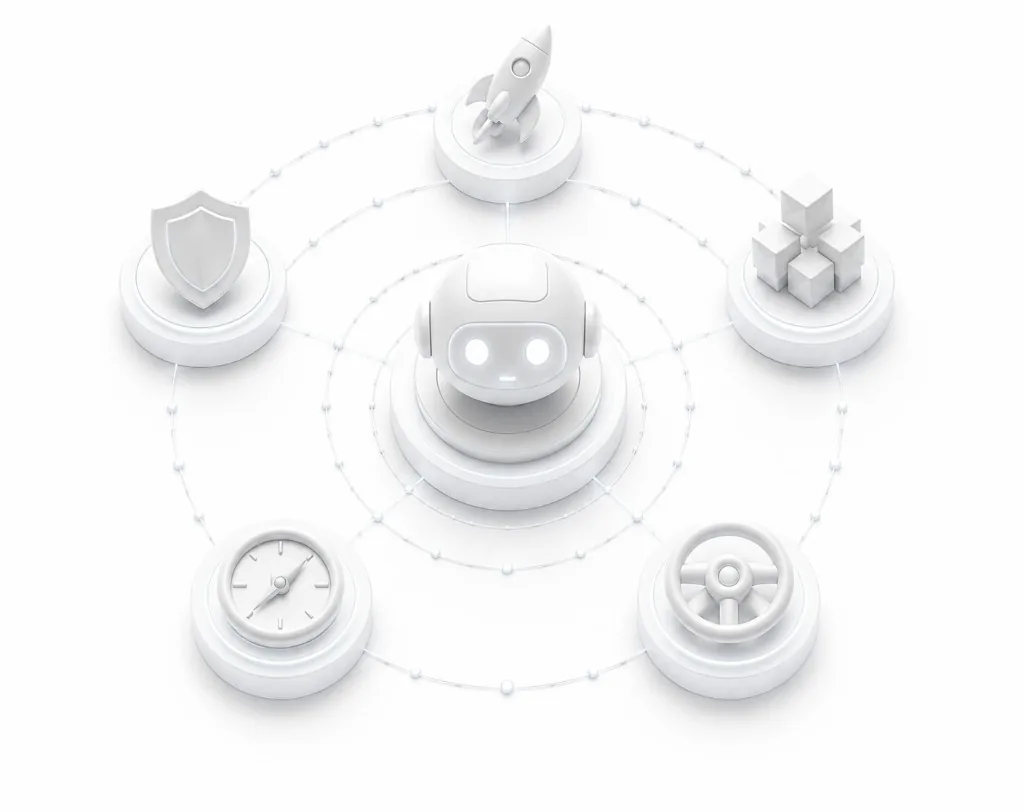 AvonAI agent on a pedestal orbited by outcome icons: rocket, shield, cubes, compass, and steering wheel